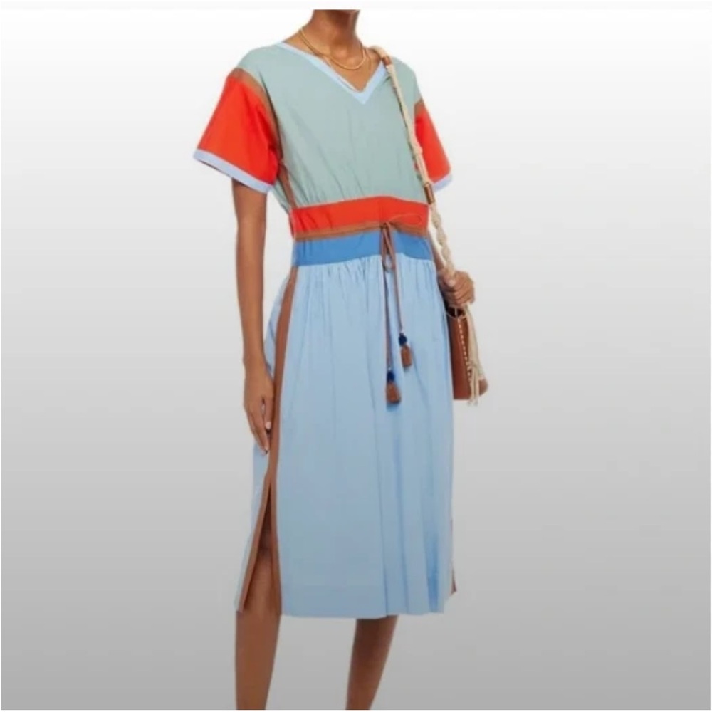 Tory Burch Color Block Poplin Drawstring Waist Dress - size Small